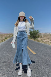 Jeansröcke im Meerjungfrauen-Stil mit hoher Taille und wadenlanger Länge