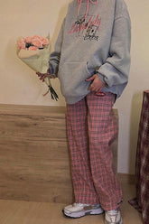 High Waist Cute Dark Pink Plaid Long Pants