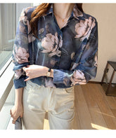 Loose Long Sleeve Floral Pattern Chiffon Shirt