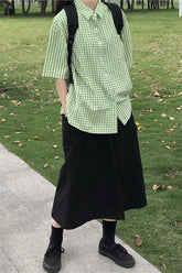 Green Plaid Short Sleeve Blouse Shirt