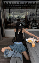 Pleated Denim Micro Skirt with Contrast Waistband