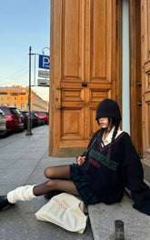Oversized V-Neck Sweater with Retro Lettering