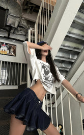 Asymmetric Pleated Denim Mini Skirt with Built-in Shorts