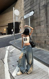 Distressed Wide-Leg Denim Pants