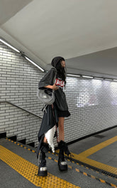 Asymmetric Pinstripe Mini Skirt with Tie Detail and Lace Trim