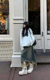 Distressed Denim Skirt with Deconstructed Hem and Vintage Washed Edge