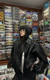 Cropped Leather Jacket with Epaulettes and Utility Pockets