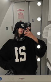 Oversized Knit Sweater with Textured Number Motif