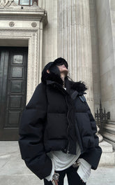 Down Jacket with Faux Fur Collar Cropped Puffer in Black