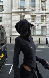 Slim Fit Hooded Long Sleeve Top with Pocket and Metal Eyelet Detail