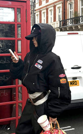 Moto Patch Hooded Cropped Bomber Jacket