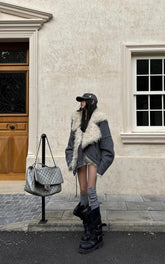 Structured Faux-Shearling Collar Jacket with Asymmetric Wrap Design