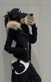 Asymmetric Zip Fur-Trim Knit Jacket
