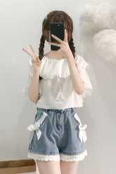 High Waist Cute Lace Bow Denim Shorts