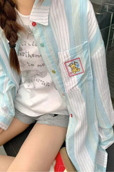 Long Sleeve Bear Pocket Embroidery Striped Blouse Shirts