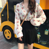 Long Sleeve Red Flowers Pattern Chiffon Blouse Shirt