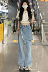 High Waist Design Irregular Tassel Jeans Pants