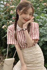 Pink Plaid Turn Down Collar Cute Shirts