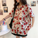 Roses Flower Pattern Short Sleeve Blouse Shirt