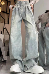 High Waist Pleated Style Washed Jeans Pants