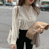 Long Sleeve Lace Stand Collar Floral Embroidery Shirt