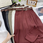 High Waist Loose Straight Office Long Pants With Belt