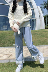 High Waist Sweet Lace Bow Vintage Corduroy Pants