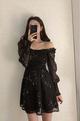Sexy Flower Puff Sleeve Chiffon Black Dress