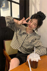 Long Sleeve Peter Pan Collar Retro Plaid Cropped Shirt