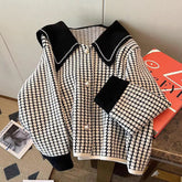 Long Sleeve Sailor Collar Houndstooth Pattern Jacket