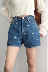 Casual Bowknot Embroidered Denim Shorts