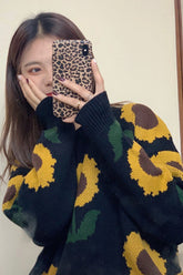 O-Neck Sun Flower Pattern Knitted Sweater