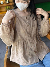 Long Sleeve Square Collar Retro Embroidered Blouse Shirt