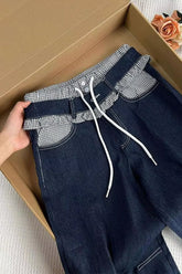 Vintage Ruffled Striped Waist Denim Long Pants