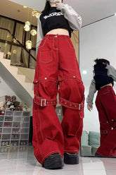 Loose Wide Leg Red Detachable Cargo Pants