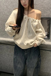 Retro Skew Collar Drawstring Casual Sweatshirt