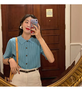 Short Sleeve Turn Down Collar Hollow Out Shirts