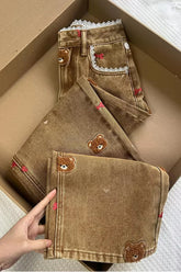 High Waist Bear Embroidered Brown Jeans Pants