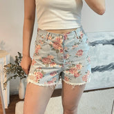 Rose Pattern Ripped Denim Shorts Jeans