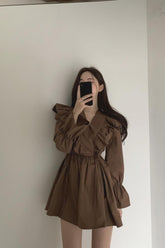 V-Neck Lantern Sleeve Ruffle Dress