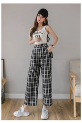 High Waist Wide Leg Vintage Plaid Long Pants