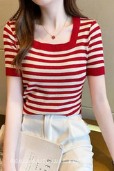 Elastic Square Collar Striped Slim Shirts