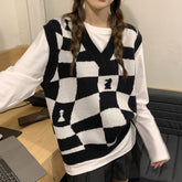Loose Chess Plaid V-Neck Vest Sweater