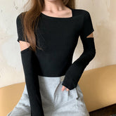 Long Sleeve Hollow Out Slim Cropped Shirt