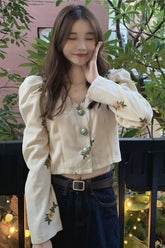 Flowers Embroidery Retro Corduroy Shirts