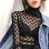 Long Sleeve Moon Pattern Turtleneck Slim Cropped Shirt