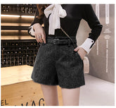 High Waist Belted A-Line Woolen Shorts