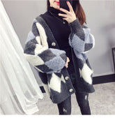 Loose Argyle Pattern Knitted Warm Cardigan Sweater