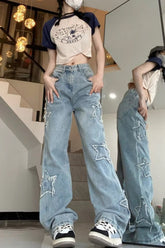 High Waist Retro Stars Side Embroidered Jeans Pants