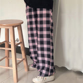 Black and Pink Plaid Loose Wide Leg Long Pants